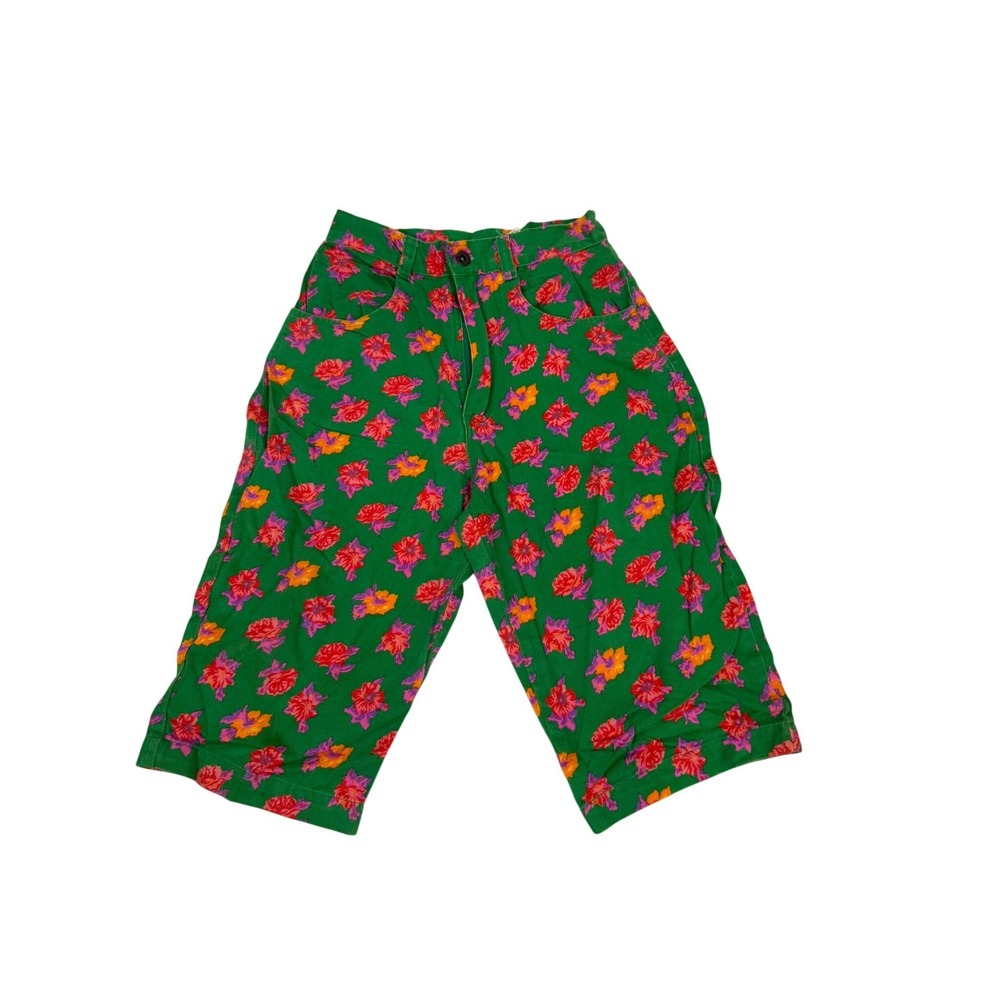 Vintage NAF NAF Paris Floral Green Cotton Culottes Wide Leg Cropped Pants